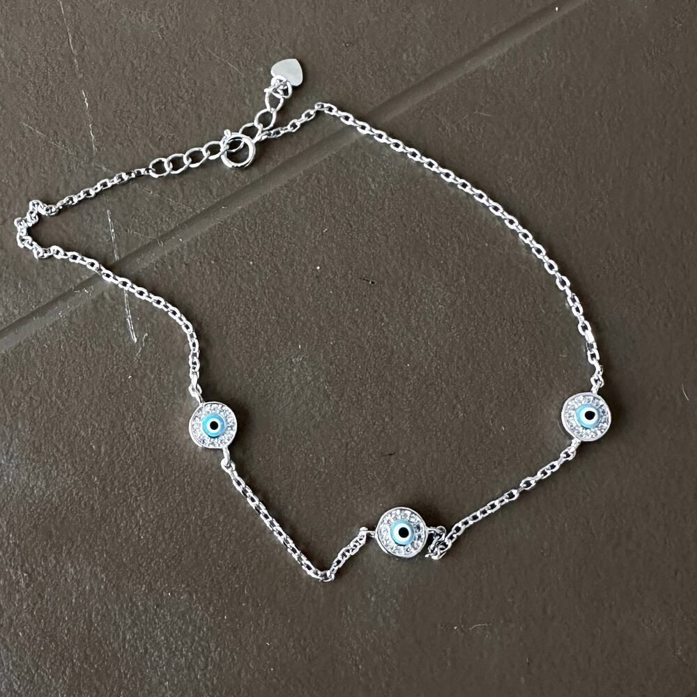 925 Sterling Silver Evil Eye CZ Anklet - Picture 2 of 5